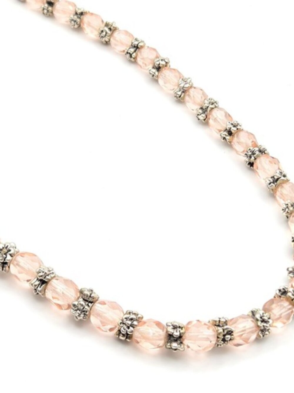 Peachy Pink Faceted Glass Bead Necklace Silver Tone Spacers Adjustable Clasp